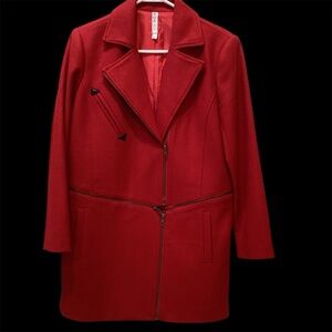 Red Wool Blend Jacket with All Over Zipper Design